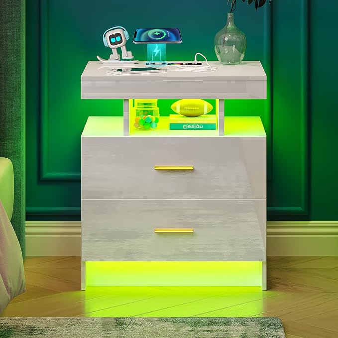 WOOVIVS Night Stand Set 2 with USB/Type-C/Wireless Charging Station, White Nightstands with RGB Auto LED Lights, Modern Bedside Table Set of 2 with 2 Drawers for Bedroom Furniture - Image 2