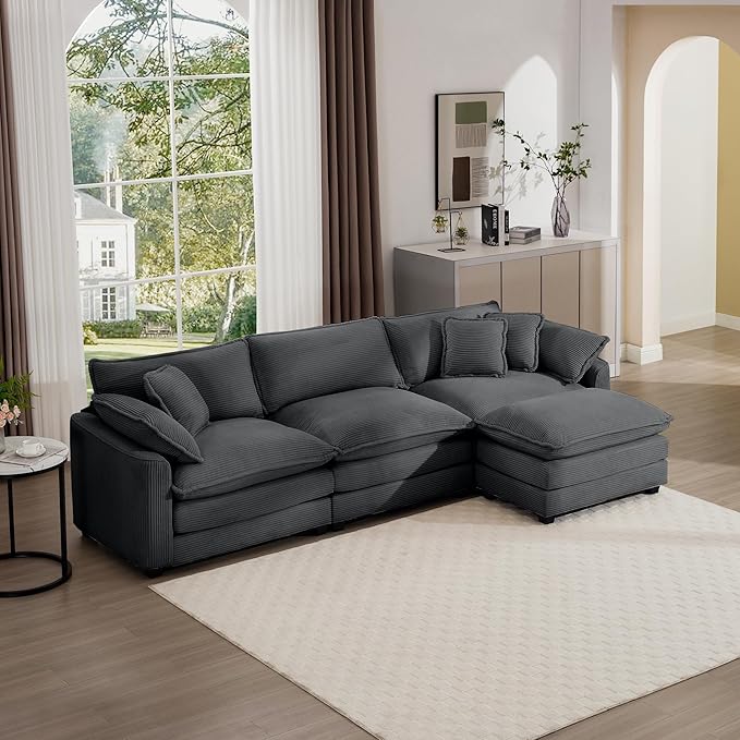 KEIKI 115" L-Shaped Oversized Corduroy Modular Sectional Sofa with 1 Ottoman, High-Density Foam Cushions, Removable Armrests, Upholstered 3-Seater Corner Couch with 5 Pillow, for Living Room, Grey