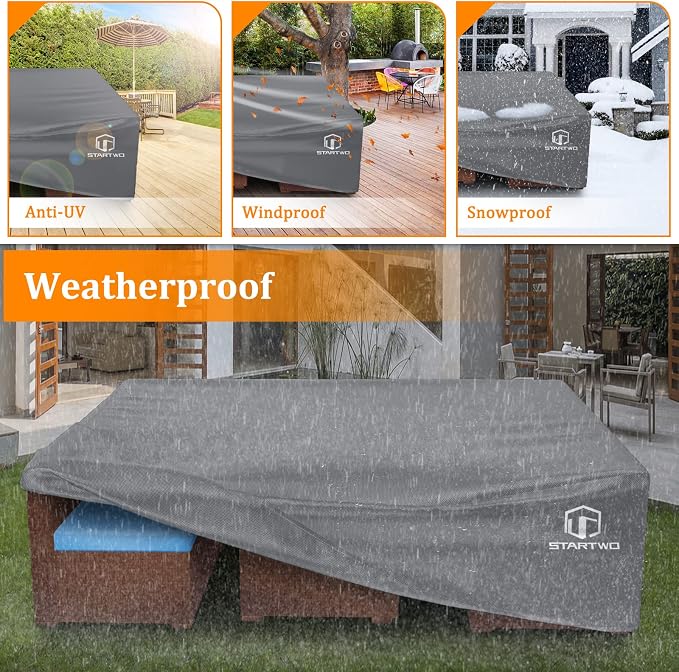STARTWO Patio Furniture Covers Waterproof, Anti-UV Tear-Resistant 500D Heavy Duty 7-12 Seats Outdoor Furniture Cover for Sectional Sofa and Table Chairs, 110"x84"x28", Grey - Image 6
