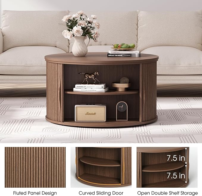 31.5" Round Lift Top Coffee Table with Hidden Storage, Mid Century Modern Walnut Drum Coffee Table for Living Room, Wood Fluted Design Center Table for Small Apartment & WFH