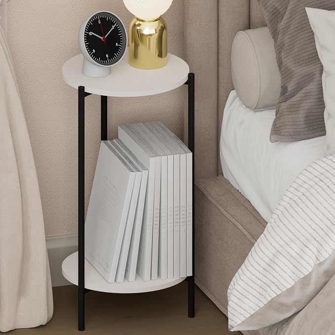 Furinno BESI Night Stand, 2-Tier Tall Round Nightstand with Metal Legs, Metal Frame Narrow End Table with Open Shelf, Side Table, Bedside Table, for Bedroom, Closet, Dorm, White by Furinno-FitsYourSpaceFitsYourBudget