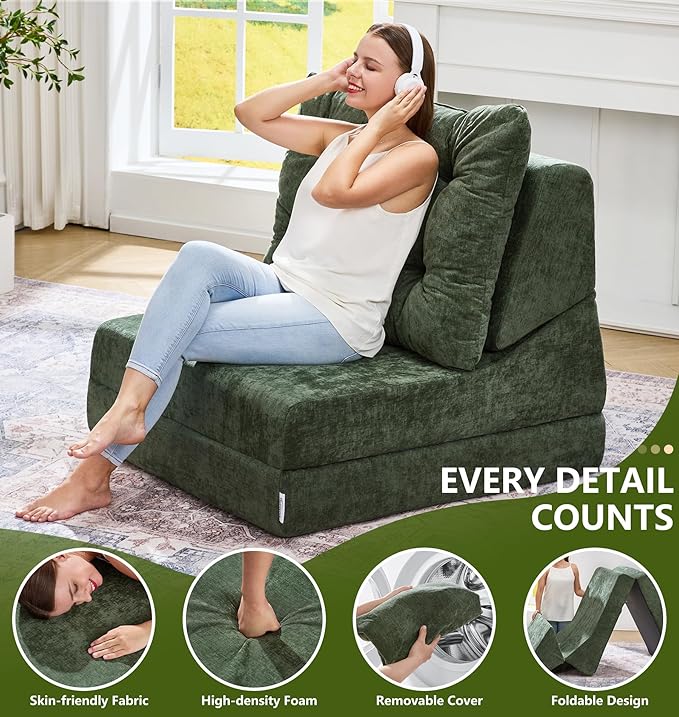 Hobestluk Sofa Couch Folding Sofa Bed Comfy Floor Lounger Convertible Sofa with Removable Cushion Couches for Small Spaces Foldable Mattress for Living Room Bedroom or Office (Chenille Green, Large)