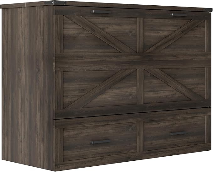 Bellemave Full Size Murphy Bed, Cabinet Bed with Charging Station and Storage, Farmhouse Murphy bedframe with Foldable Panel, Noisy Free, for Guest Bedroom, Living Room, Office, Rustic Gray