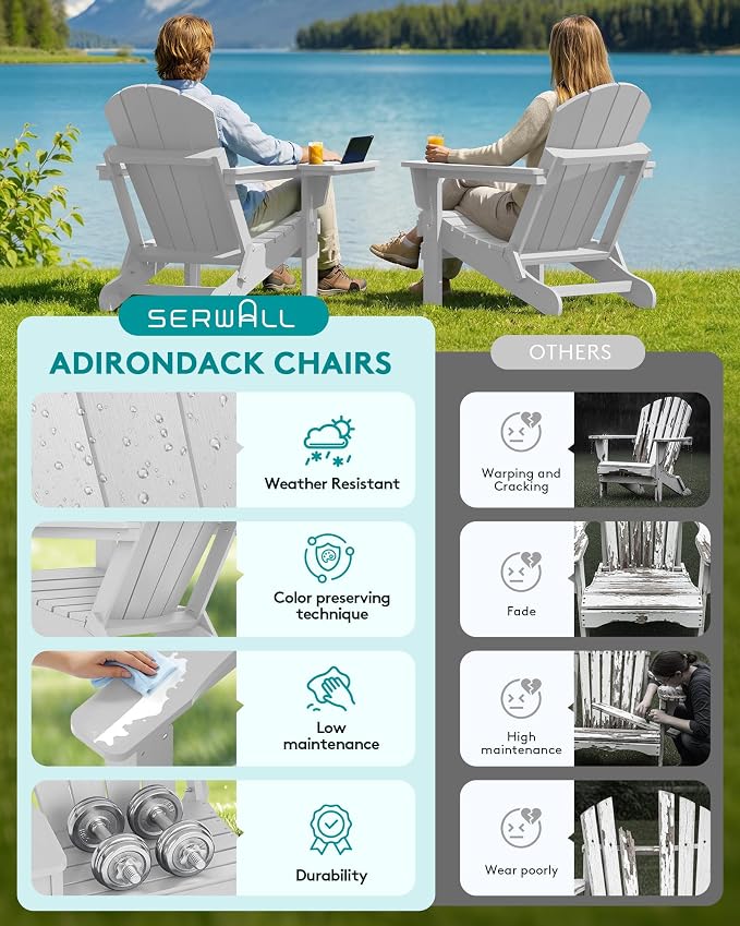 SERWALL Folding Adirondack Chair, Patio Adirondack Chairs with 4 in 1 Multi-Functional Cup Holder, Wooden Textured, All Weather Plastic Fire Pit Chair for Outdoor, Garden, Backyard, Deck- Spanish Gray - Image 8
