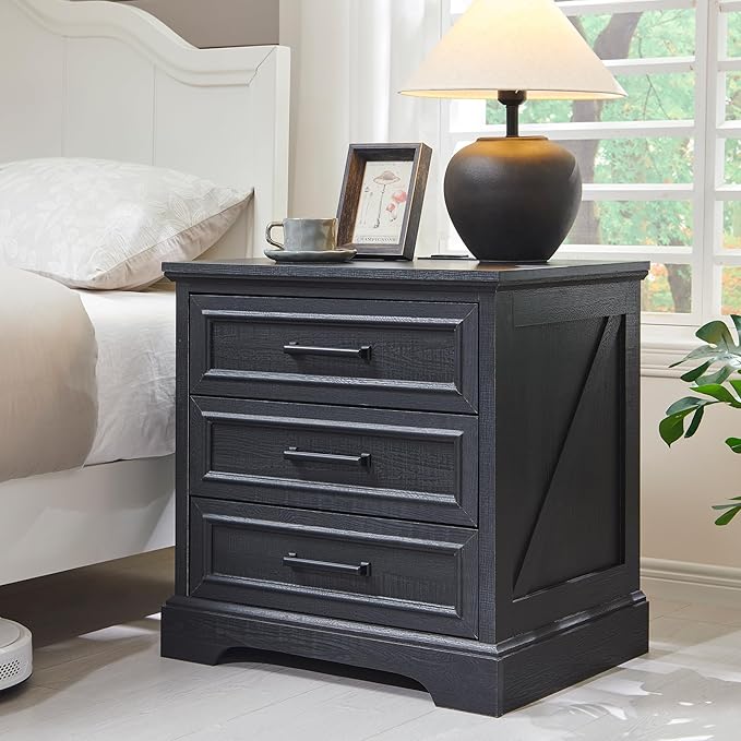 ACCOHOHO Farmhouse Nightstand with Charging Station, 22 Inch Wide End Table with 3 Large Drawers & Bar Handles, Rustic Wood Small Dresser Chest of Drawers for Bedroom, Living Room, Closet, Black by ACCOHOHO