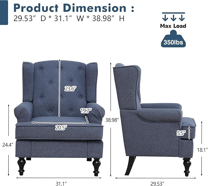 Accent Chair for Living Room, Mid Century Modern Upholstered Armchair, Wingback Chair with Tufted High Back and Solid Legs, Comfy Single Sofa Side Chairs for Bedroom, Blue