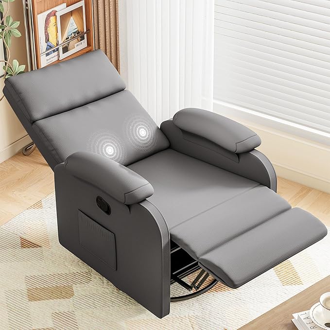 Homall Recliner Chair, 360 Swivel Rocking Chair for Adults, Massage Nursery Chair with Adjustable Backrest and Footrest, PU Leather Glider Rocker Recliners with Side Pocket for Living Room (Grey)