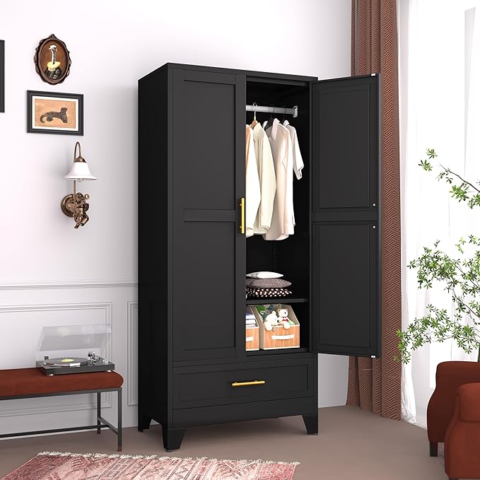 GAIOUS Steel Armoire Wardrobe Closet, 71" Household Wardrobe Cabinet with 2 Doors, 1 Adjustable Shelf and 1 Drawers, Metal Clothing Storage Cabinet with Hanging Rod for Bedroom, Cloak Room,Gym(Black)