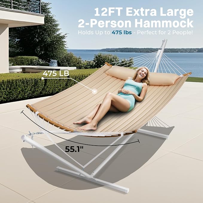 SUPERJARE Hammock with Stand, 2 Person Heavy Duty Hammock with Padded Cotton, Detachable Pillow & Strong Curved-Bar & Portable Carrying Bag, Perfect for Outdoor & Indoor, Beige - Image 3