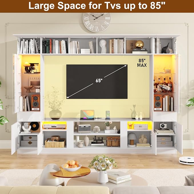 St.Mandyu 107" W Large Wall Unit TV Stand, Modern High Glossy Entertainment Center with Bookshelves and Storage, Media Console with LED Lights & Bridge Cabinet for TVs Up to 85", White - Image 5