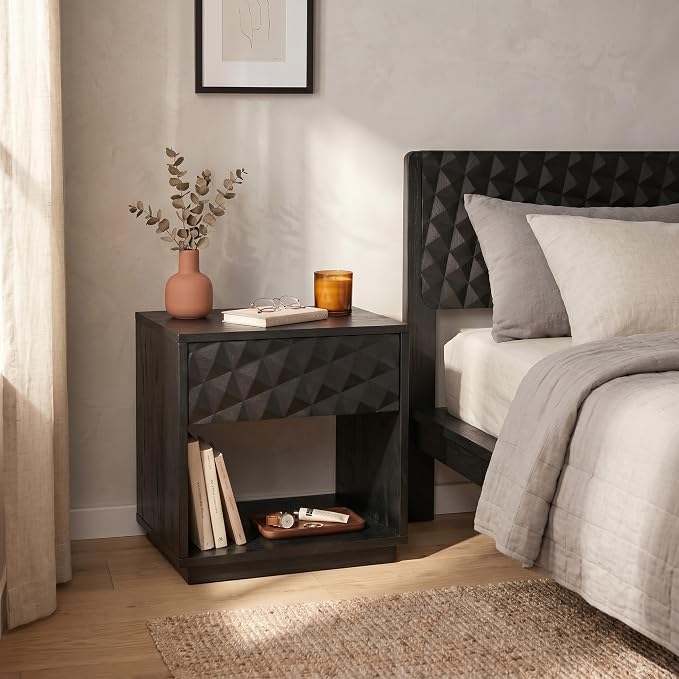 NTC Sapa Solid Wood Nightstand with 3D Carved Drawer Front – Modern Bedside Table with Open Shelf, Easy Assembled - Burnt Black - Image 3