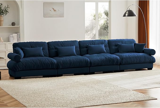 KEIKI 166" Oversized Velvet Modular Sectional Sofa with High-Density Foam Cushions and Bolstered Armrests, Upholstered Modern Style 4-Seater Cloud Couch with 6 Pillow, for Apartment, Living Room, Blue