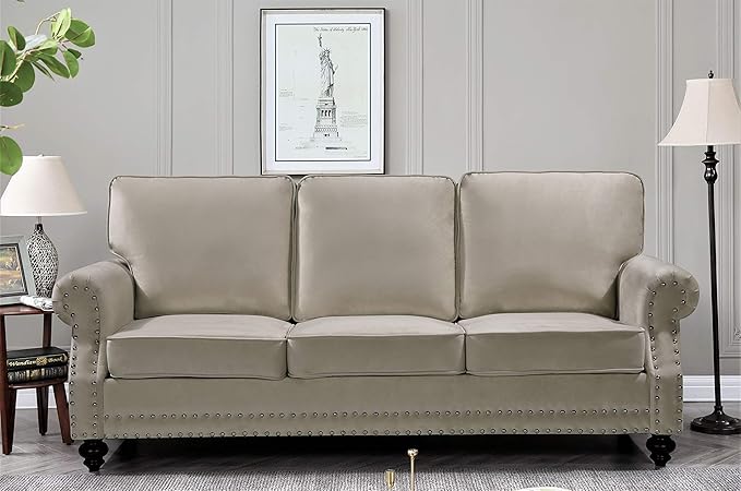 Lotus Mid Century Modern Velvet Upholstered Living Room Rolled Arms, Sofa and Loveseat, Beige