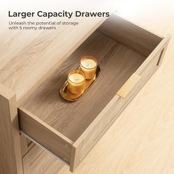 SICOTAS Dresser for Bedroom Chest of Drawers 46" Tall Dresser for Closet with 5 Rattan Drawers Boho Nightstands Set of 2 Large Clothes Storage Cabinet TV Stand for Living Room Hallway Nursery Entryway - Image 5