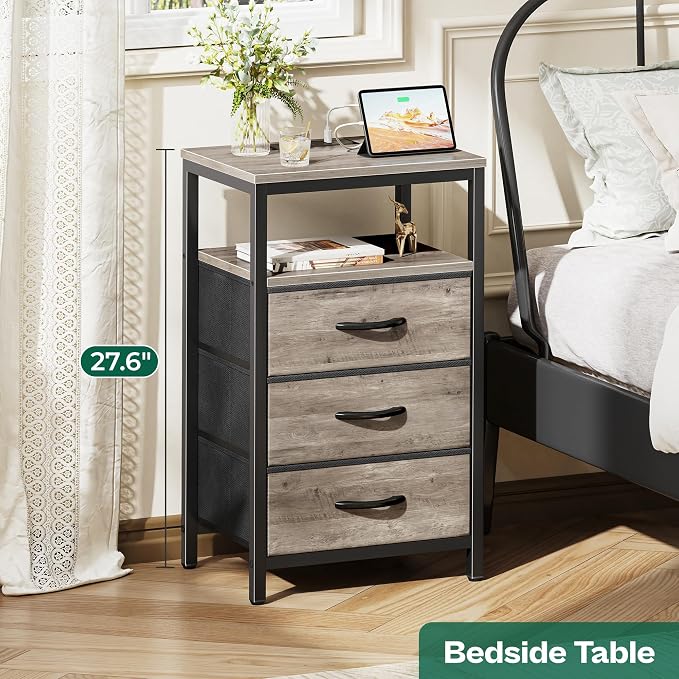 Huuger Nightstand with Charging Station, 27.6 Inch End Table Bedside Table with USB Ports and Outlets, Night Stand for Bedroom, Fabric Drawers, Oak - Image 3