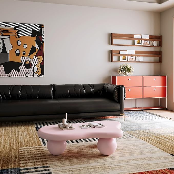 40” Cloud Coffee Table with 3 Ball Legs, Modern Irregular Center Table for Living Room, Low Cute Small MDF Tea Table for Bedroom, Space Apartment-Pink