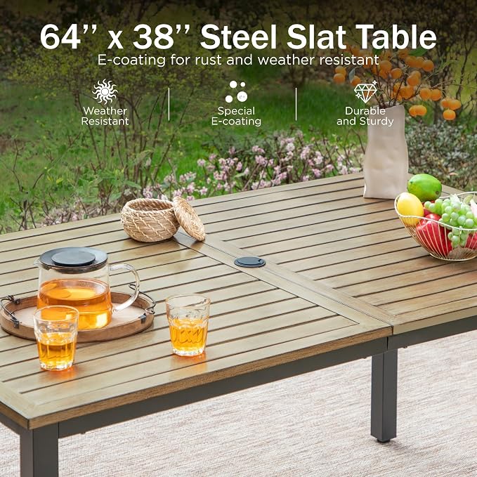 PHI VILLA Patio Dining Table and Chairs, 6 Swivel Dining Chairs with Armrest, Brown Metal Slat Table Top with 1.6" Umbrella Hole, Rustproof E-Coating for All Weather - Image 7
