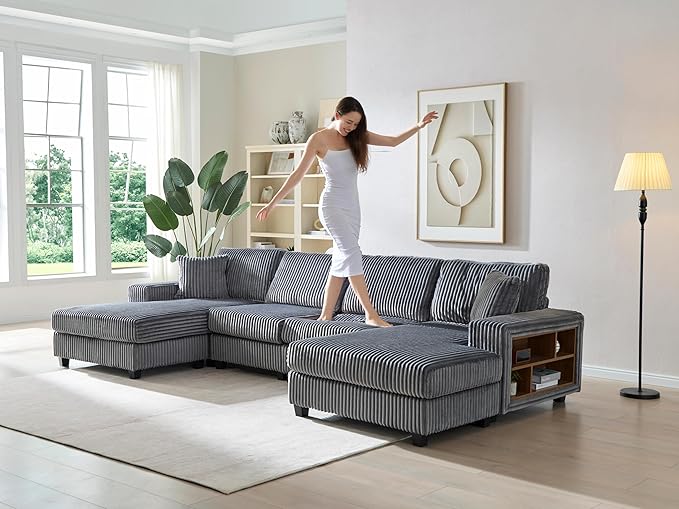 ERYE U-Shaped Modular Sectional Sofa Convertible Symmetrical Sofa Couch with Removable Chaise Lounges, U Shaped Double Chaises Sectional Couches with Storage Armrests