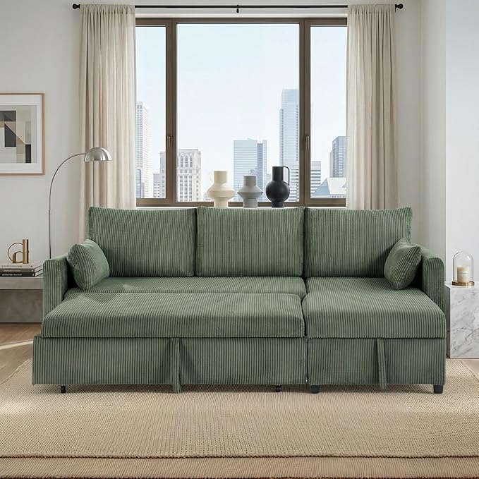 Casaphoria 85" Corduroy Sleeper Sofa with Pull Out Bed & Storage Chaise, L-Shaped Sectional Couch for Small Apartment, Living Room & Guest Room, 3-Seat Convertible Sofa Bed, Olive Drab