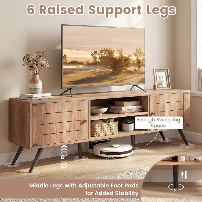 Giantex TV Stand for 65 Inch TV, Mid-Century Modern Entertainment Center w/2 Storage Cabinets, Cable Hole & Open Shelves, Wooden Media TV Console Table for Living Room, Bedroom (59" x 15.5" x 17.5") - Image 6
