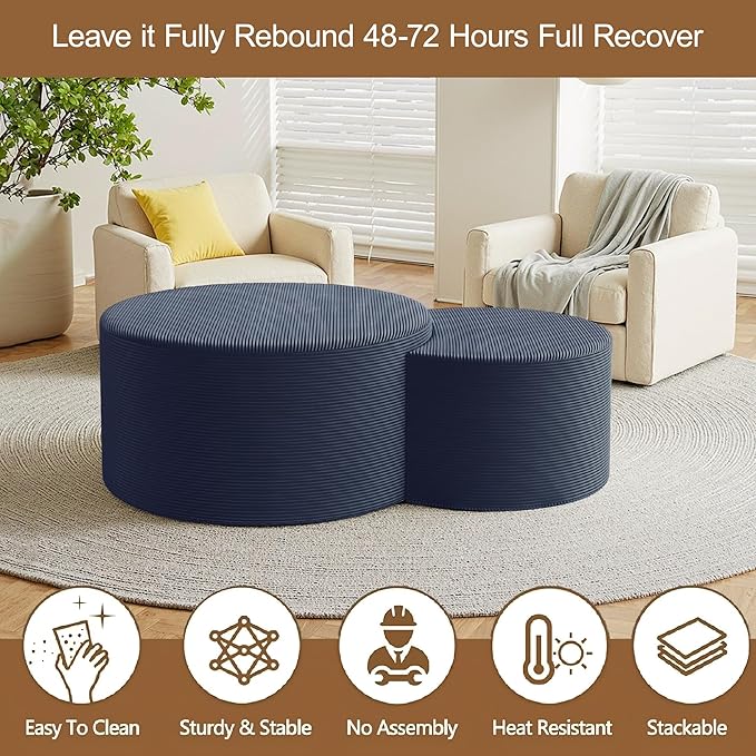 Nesting Coffee Table Set of 2, Upholstered Round Corduroy Circle Foam Round Side Table for Living Room, Entryway Set, 32"+17" Footrest No Assembly (Blue, 32"+17")