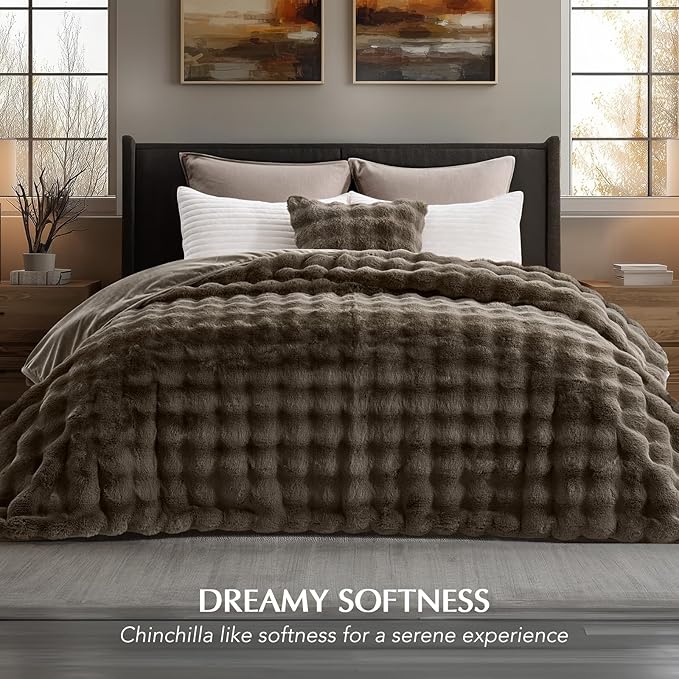 EverGrace Ultra Soft Luxury Fluffy Faux Rabbit Fur Throw Blanket, Thick Warm Bubble Throw for Bed, Cozy Plush Reversible Blankets for Couch, Chair, Sofa, Dark Taupe, 90x90 Inches