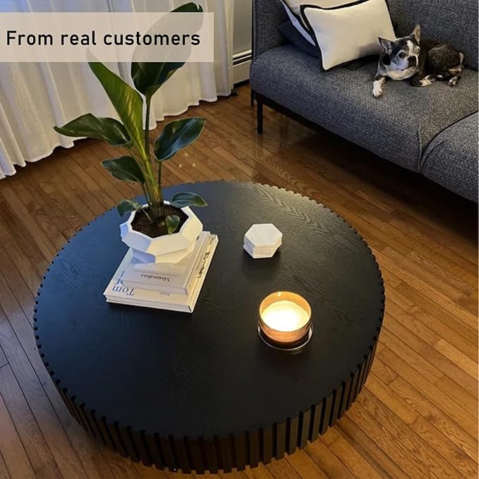 Round Coffee Table Fluted with Sturdy Base, 31.49" Modern Wood Coffee Table for Living/Reception Room, Easy Assembly, Black