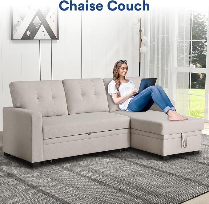 Rovibek 4-in-1 Convertible Sleeper Sofa Bed with Pull Out Bed - L Shaped Couch with Reversible Chaise & Storage, Space-Saving Hidabed for Living Room, Bedroom, Dorm, Office