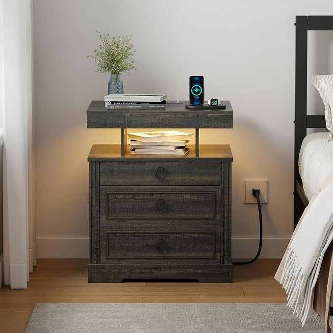Nightstand Set 2 with Gun Drawer,LED Bedside Table with Charging Station,Night Stand with Human Sensor Design and 3 Open Shelves, Modern End Tables Bedroom, Brown - Image 2