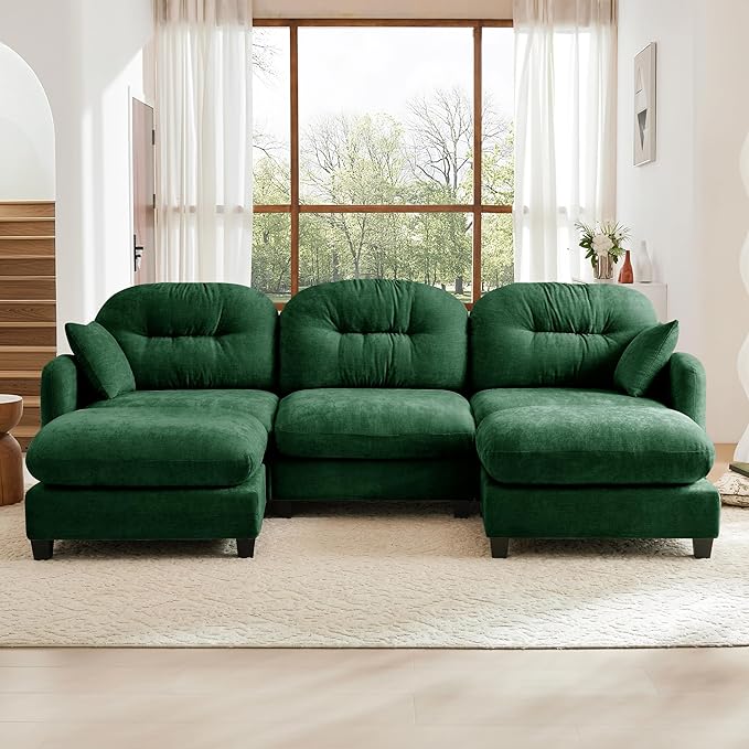 KEIKI 107" U-Shaped Oversized Chenille Modular Sectional Sofa with 2 Ottoman, High-Density Foam Cushions, Tufted Pleated Cushion Backrest, Modern 3-Seater Couch with 2 Pillow, for Living Room, Green