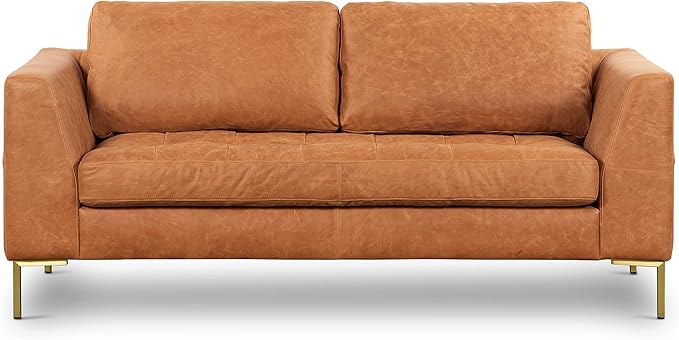 Poly & BARK Calle 75" Apartment Sofa, Full-Grain Pure-Aniline Italian Leather, Cognac Tan, Brass Legs