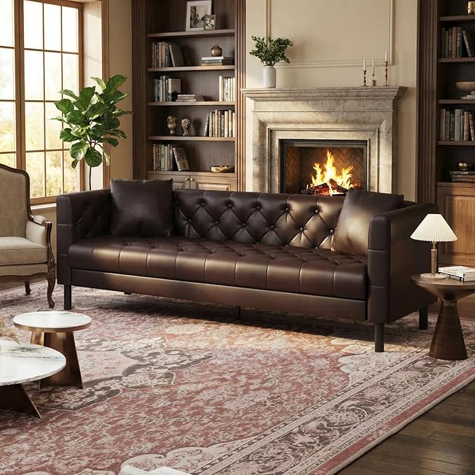 IDEALHOUSE Mid Century Modern Sofa 81 inch, Faux Leather Sofa 3 Seater, Apartment Sofa for Living Room, Chesterfield Tufted Couch with Deep Seats and 2 Pillows, Sectional Style Couch, Dark Brown