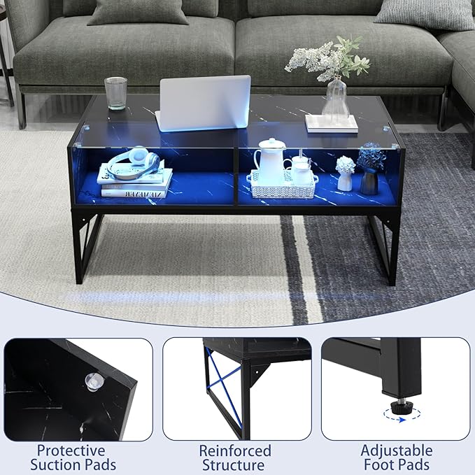 Tangkula LED Coffee Table, High Glossy Center Table with 4 Storage Cubes, Faux Marble & Tempered Glass Top, Adjustable Light Colors, Remote Control, Modern Cocktail Table for Living Room (Black)