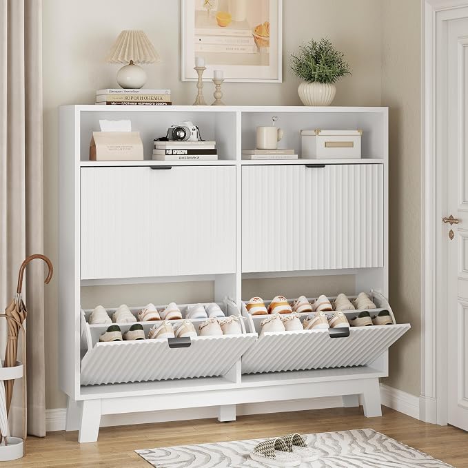Xixini Shoe Cabinet with 4 Flip Drawers, 46" Tall Narrow Fluted Shoe Storage Organizer for Entryway, Hidden Slim Wooden Shoe Rack Cabinet for Front Door Entrance, Hallway, Living Room, Solid White by Xixini
