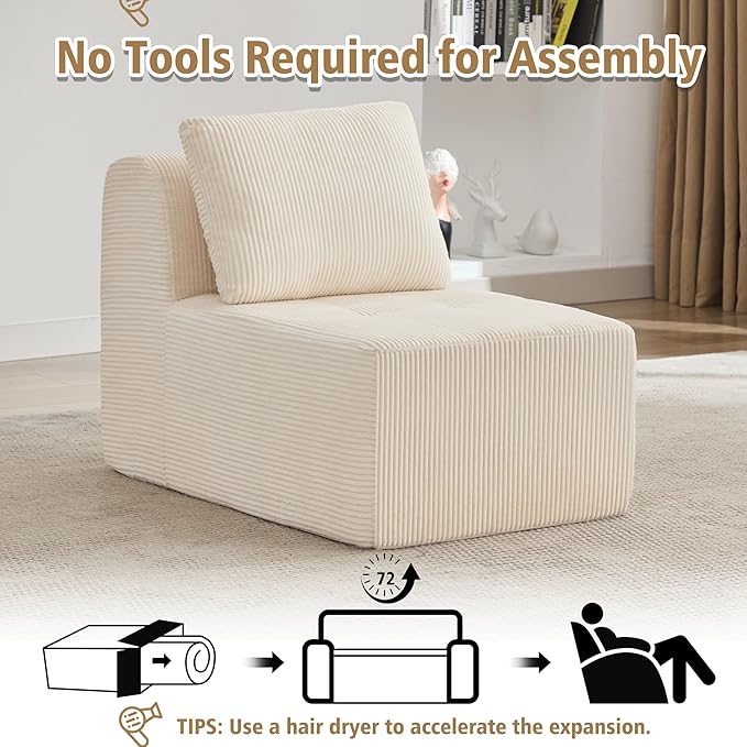KIGOTY Modular Sectional Sofa, Comfy Cloud Sectional Couch, Armless Boneless Couch for Living Room, No Assembly Required,White