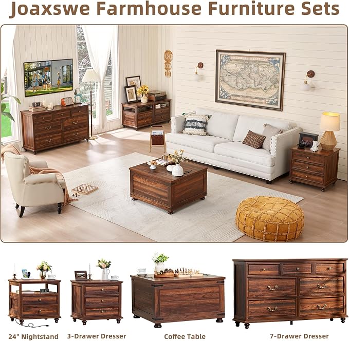 Joaxswe Farmhouse 7 Drawers Dresser for Bedroom, Brown 54 Inch Wide Chest of Drawers w/ 4 Wooden Legs, Large Vintage Rustic Closet Dressers for Living Room, Wood TV Stand with Storage Organizer - Image 3