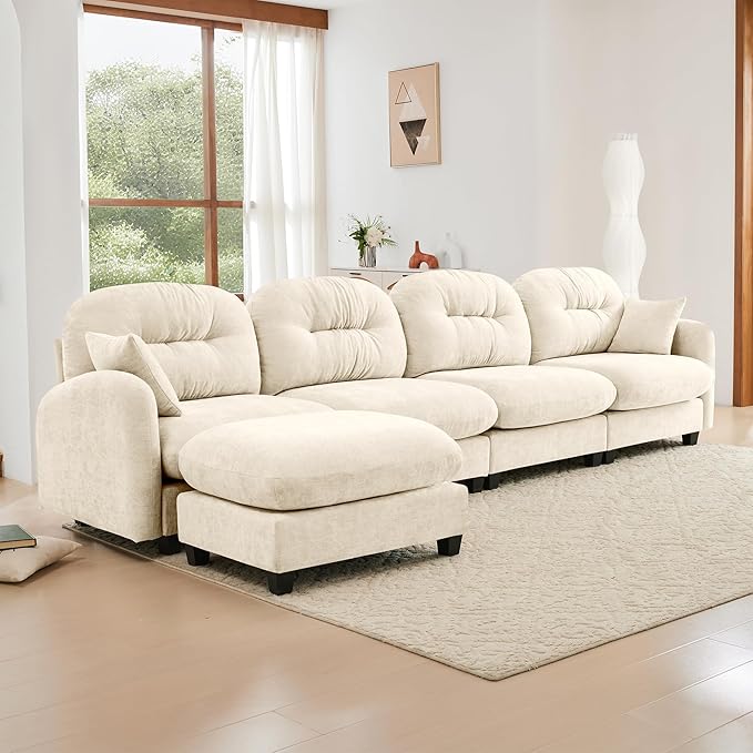 KEIKI 140" L-Shaped Oversized Chenille Modular Sectional Sofa with 1 Ottoman, High-Density Foam Cushions, Tufted Pleated Cushion Backrest, Modern 4-Seater Couch with 2 Pillow, for Living Room, Beige