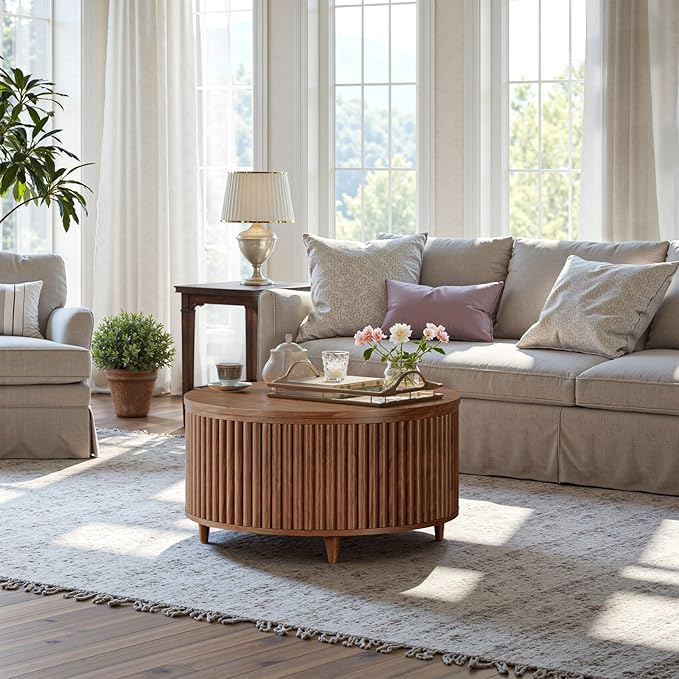 Evermagin 31.5'' Walnut Round Coffee Table, Fluted Lift Top Coffee Table with Large Storage, Mid Century Modern Small Center Table for Living Room