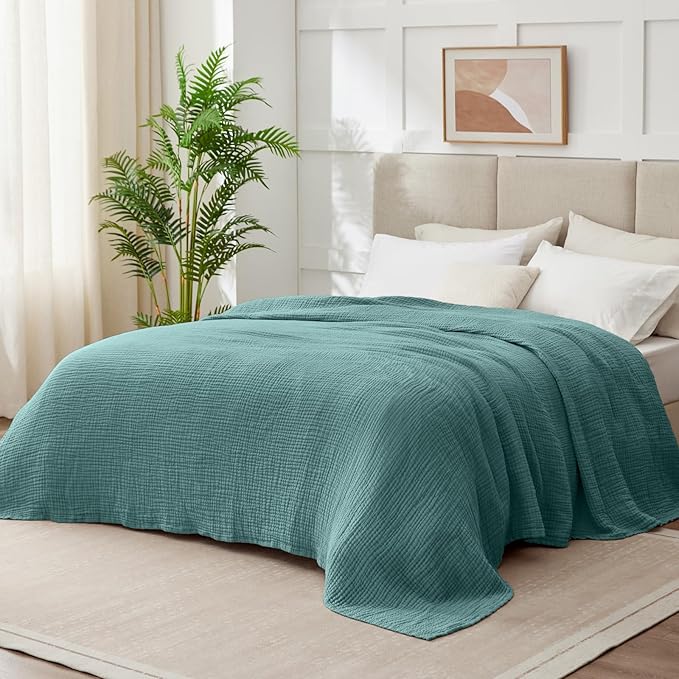 100% Cotton Muslin Blanket California King 120" x 90", 6 Layers Breathable and Lightweight Oversized Blankets for Bed, Soft Cooling Gauze Blanket for Adults All Season, Teal
