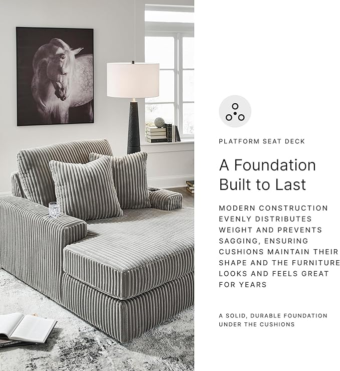 Signature Design by Ashley Lindyn Contemporary Chaise with USB Charging Ports, 2 Cup Holders and Throw Pillows, Gray