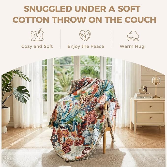 LUTBM Boho Throw Blanket for Bed Cotton Spring Blankets Twin Size for Bedroom Living Room All Season Lightweight Botanical Floral Embroidery Quilt for Couch Sofa Chair 60"x80" Home Decor