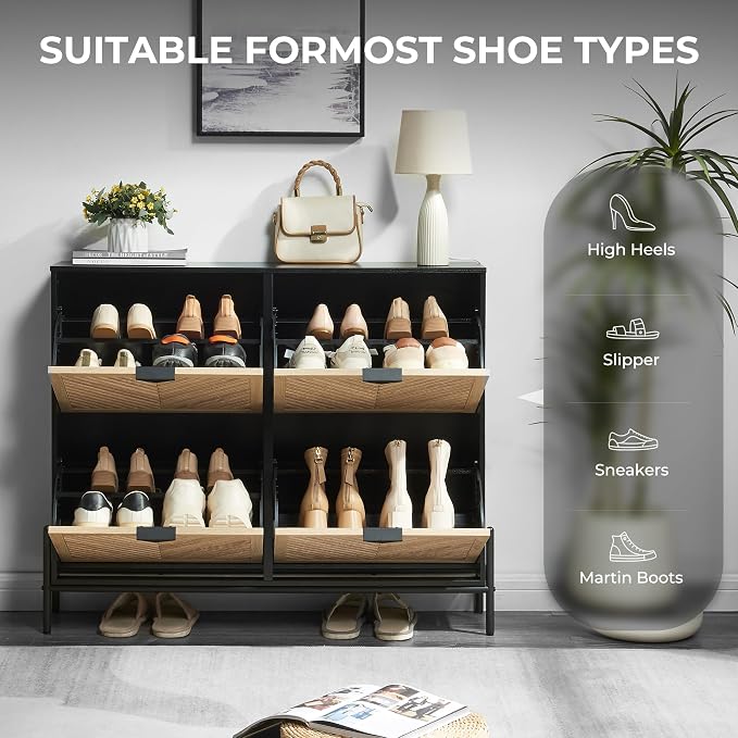 Shoe Cabinet Storage with 4 Flip Drawers, Narrow Hidden Shoes Organizer Cabinet for Entryway, Freestanding Slim Shoe Rack Front Door Entrance(Oak&Black) - Image 5