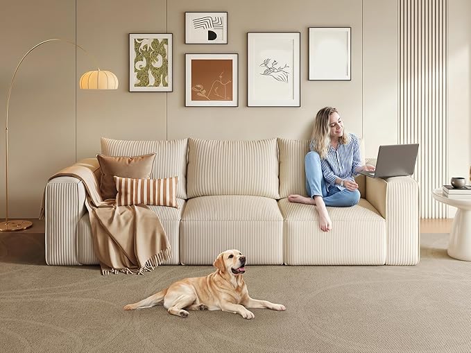 DWVO Oversized Deep Modular Sectional Sofa, 3-Seat Cloud Couch with 3 Pillows, Corduroy Sectional Couches for Living Room, Apartment, Office, Hotel, Bedroom, No Assembly Needed, Milky White