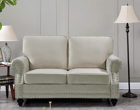 Lotus Mid Century Modern Velvet Upholstered Living Room Rolled Arms, Loveseat, Ivory