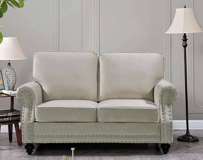 Lotus Mid Century Modern Velvet Upholstered Living Room Rolled Arms, Chair, Loveseat and Sofa, Ivory