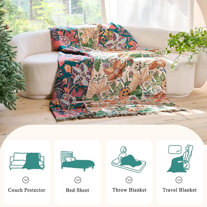 Boho Throw Blanket - 60"x80" 100% Cotton Soft Breathable Lightweight Bed Blanket, Reversible Muslin Spring Blankets Green Floral Farmhouse Decor Rustic Quilt for Bed Couch