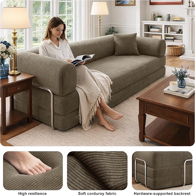 78 Inch Folding Convertible Sofa Bed, 4-in-1 Oversized Cloud Corduroy Upholstered Boneless Couch, Loveseat Sleeper with Pull Out Bed, Modular Futon Floor Sofa Couch for Living Room Bedroom Lounge