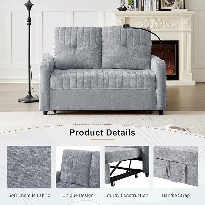Merax Chenille 3-in-1 Pull Out Sleeper Sofa Bed Couch, 54" Convertible Futon Loveseat with Adjustable Backrest, 2 Cup Holders, Phone Stand, 3 Charging Ports and Storage Pockets for Living Room, Gray