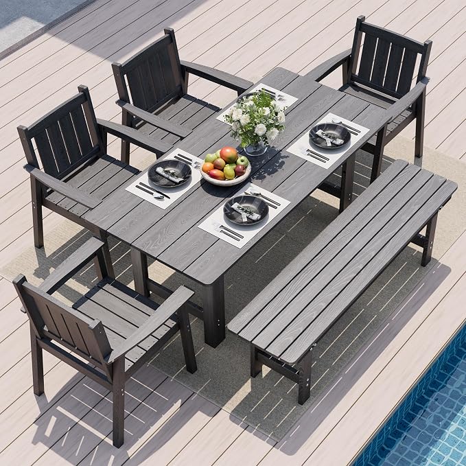 Pamapic 6 PCS Outdoor Dining Set, Spacious HDPE Outdoor Table with 4 Chairs and 1 Bench, Wood Grain Patio Furniture Sets with Elegant Armrest, All-Weather Patio Dining Table with Umbrella Hole, Gray by Pamapic