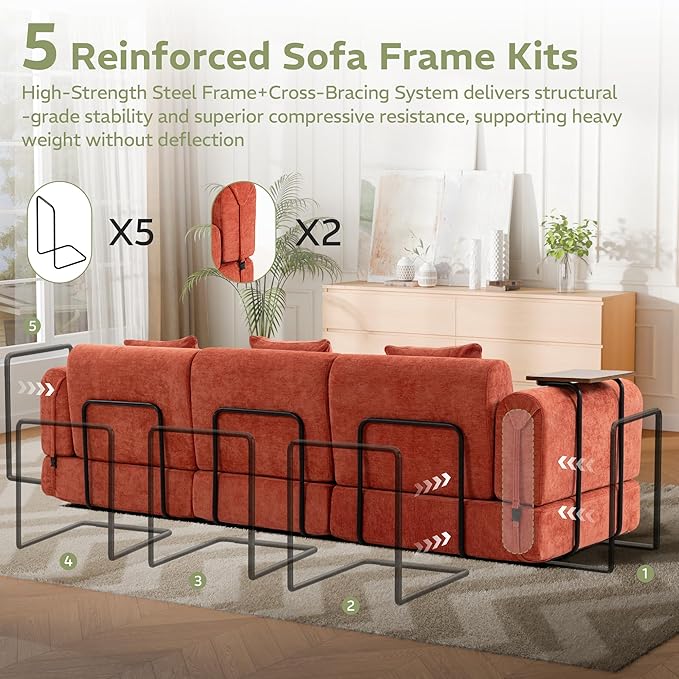 100" Convertible Sleeper Sofa Bed, Oversized Modular Sectional Cloud Sofa with Fixed-Shape Frame & Tabletop, Boneless Couch with Storage Pocket for Living Room, No Assembly Required, Orange